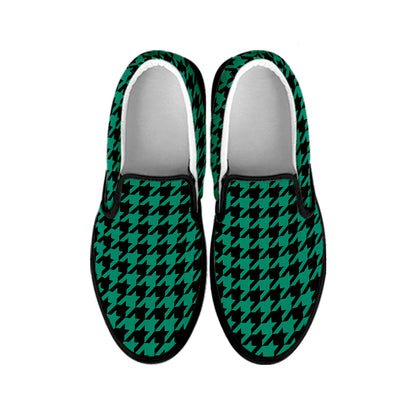 Jungle Green And Black Houndstooth Print Black Slip On Shoes