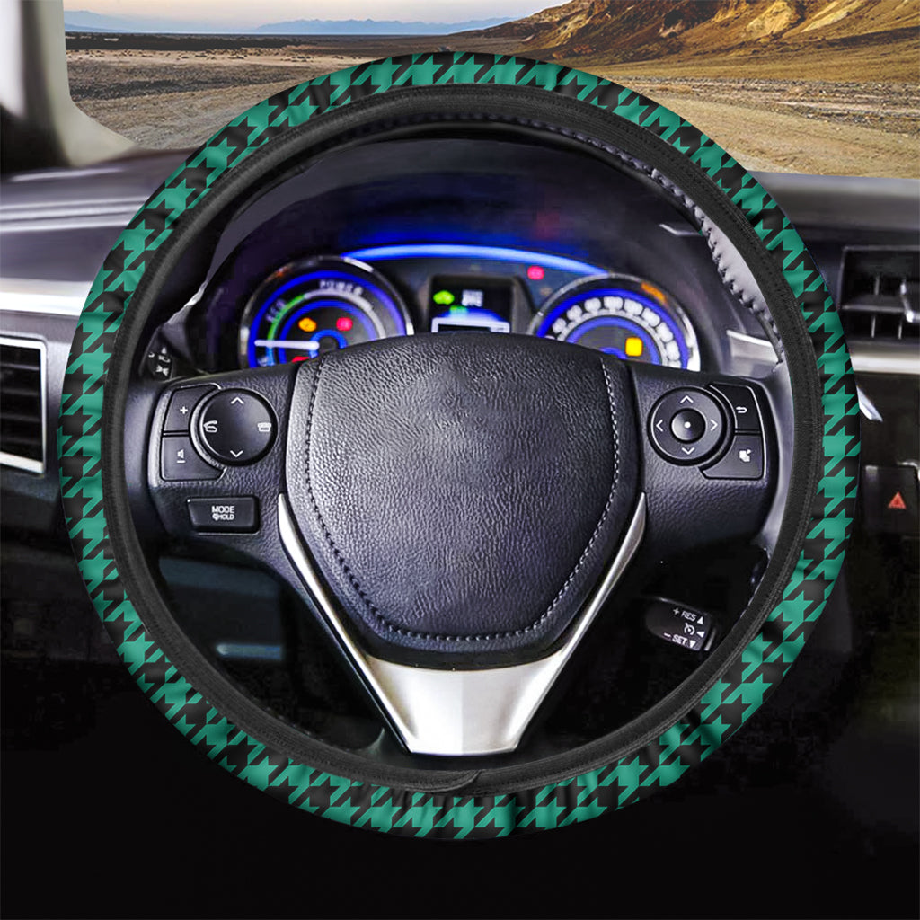 Jungle Green And Black Houndstooth Print Car Steering Wheel Cover