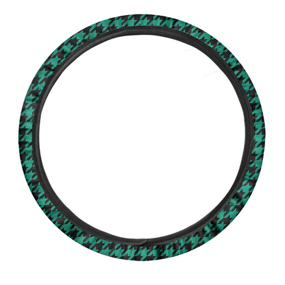 Jungle Green And Black Houndstooth Print Car Steering Wheel Cover