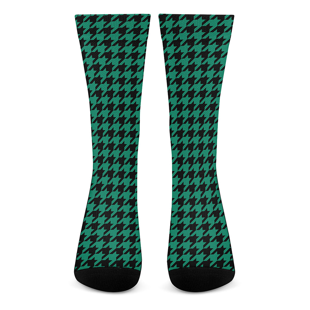 Jungle Green And Black Houndstooth Print Crew Socks