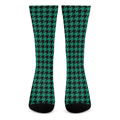 Jungle Green And Black Houndstooth Print Crew Socks