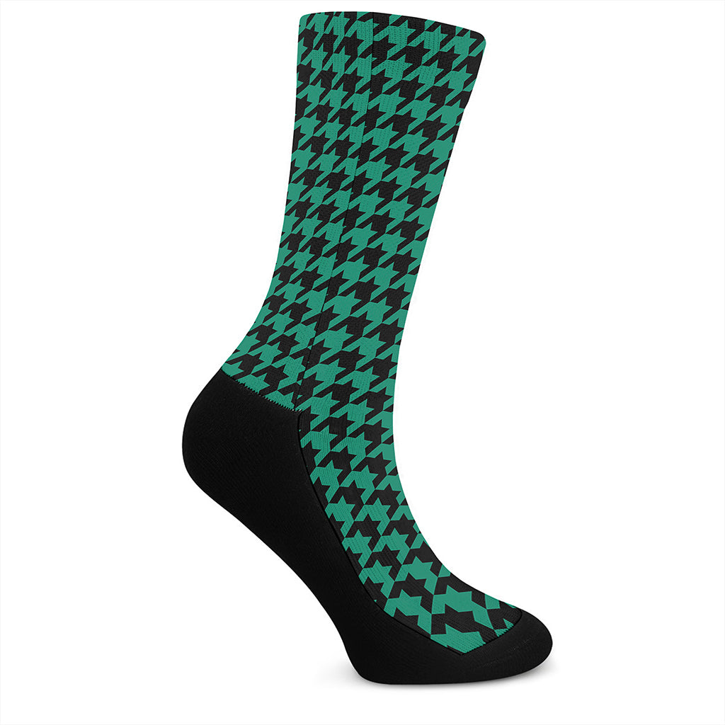 Jungle Green And Black Houndstooth Print Crew Socks