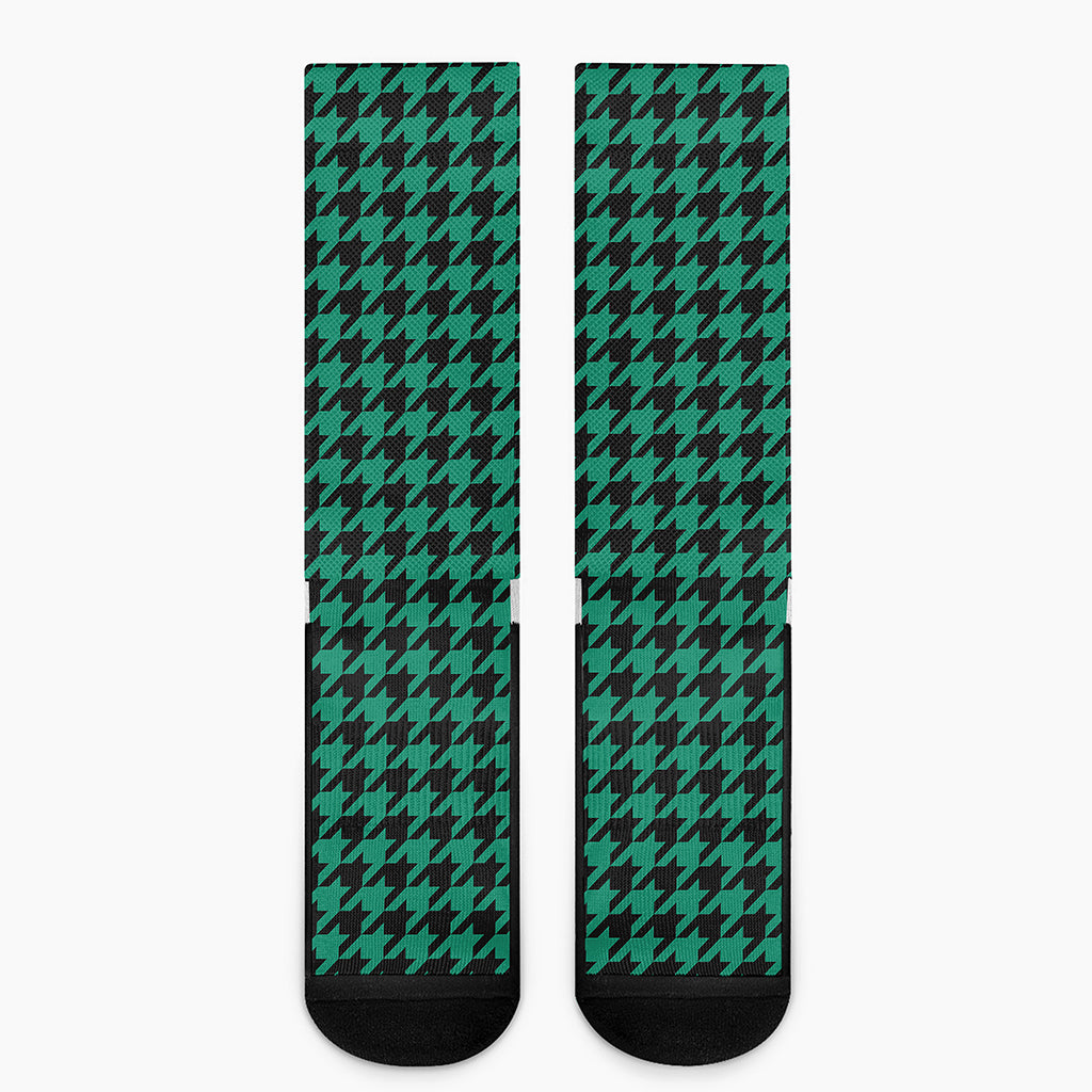 Jungle Green And Black Houndstooth Print Crew Socks