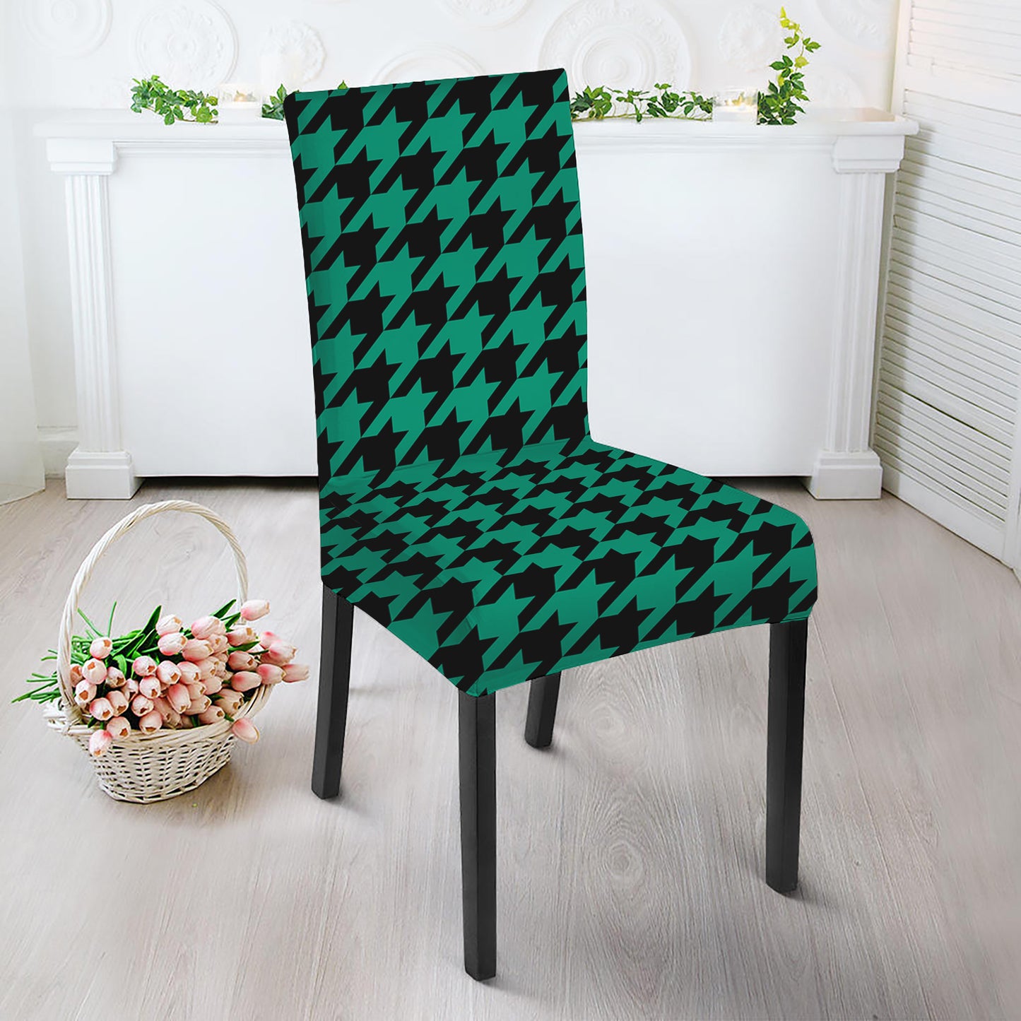 Jungle Green And Black Houndstooth Print Dining Chair Slipcover