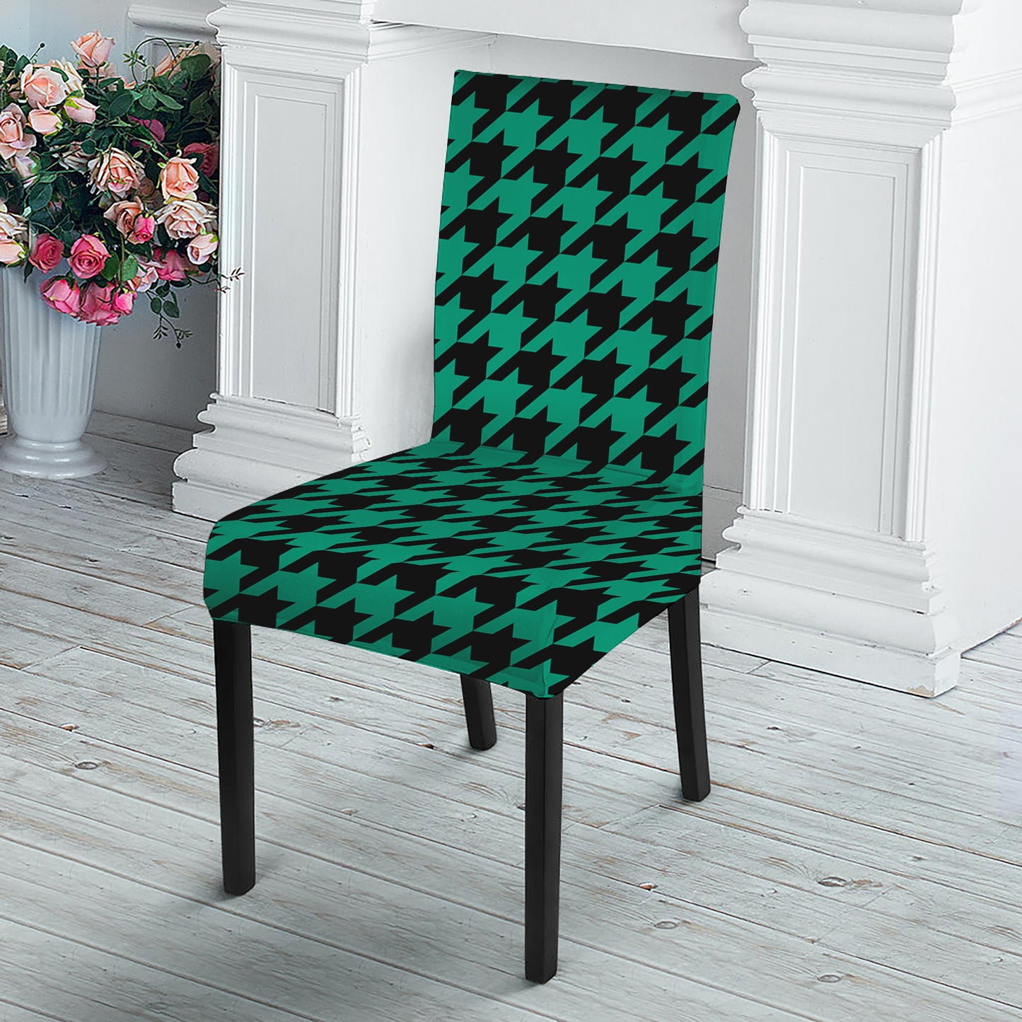 Jungle Green And Black Houndstooth Print Dining Chair Slipcover