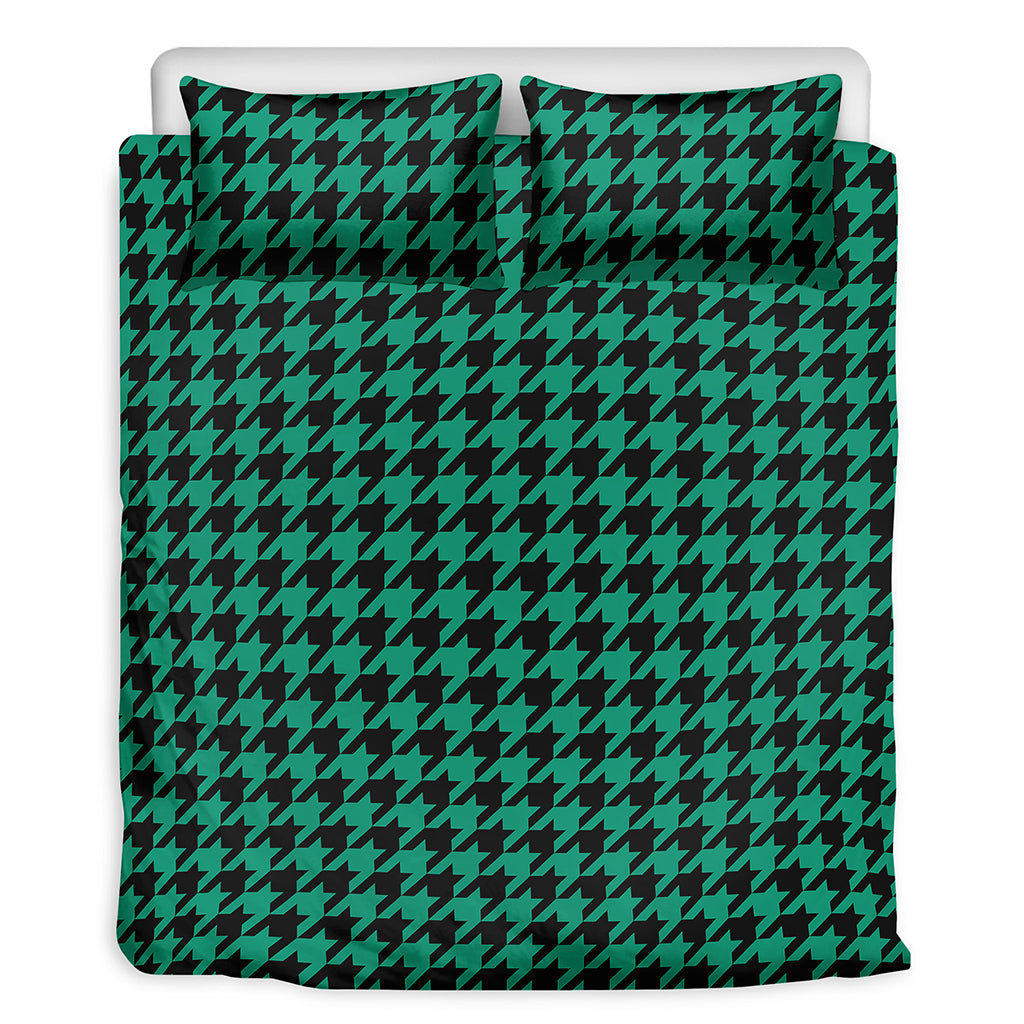 Jungle Green And Black Houndstooth Print Duvet Cover Bedding Set