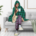 Jungle Green And Black Houndstooth Print Hooded Blanket