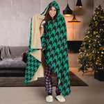 Jungle Green And Black Houndstooth Print Hooded Blanket