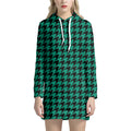 Jungle Green And Black Houndstooth Print Pullover Hoodie Dress