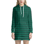 Jungle Green And Black Houndstooth Print Hoodie Dress