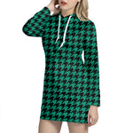 Jungle Green And Black Houndstooth Print Hoodie Dress