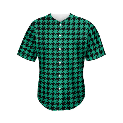 Jungle Green And Black Houndstooth Print Men's Baseball Jersey