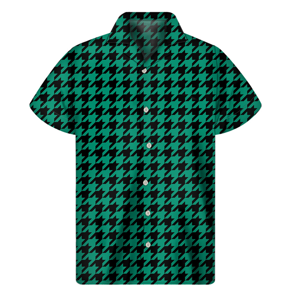 Jungle Green And Black Houndstooth Print Men's Short Sleeve Shirt