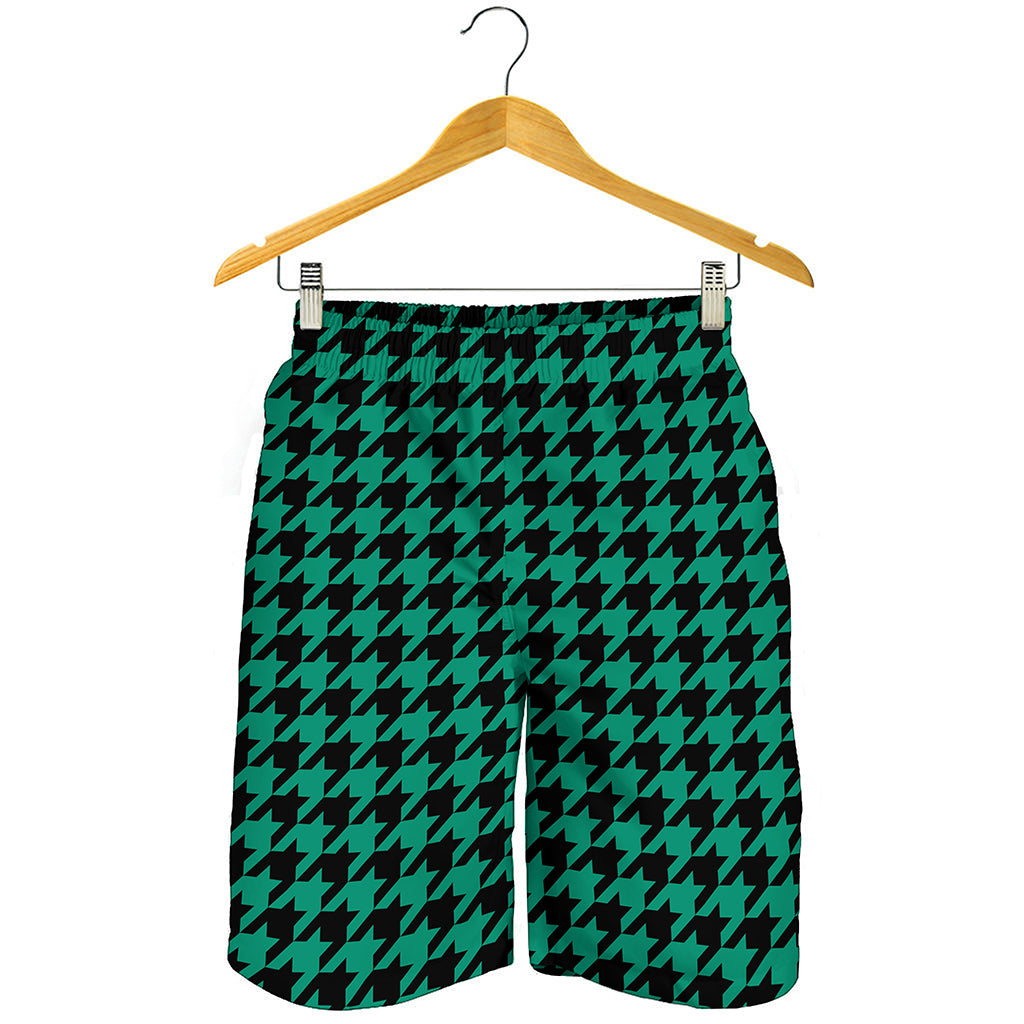 Jungle Green And Black Houndstooth Print Men's Shorts