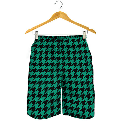 Jungle Green And Black Houndstooth Print Men's Shorts