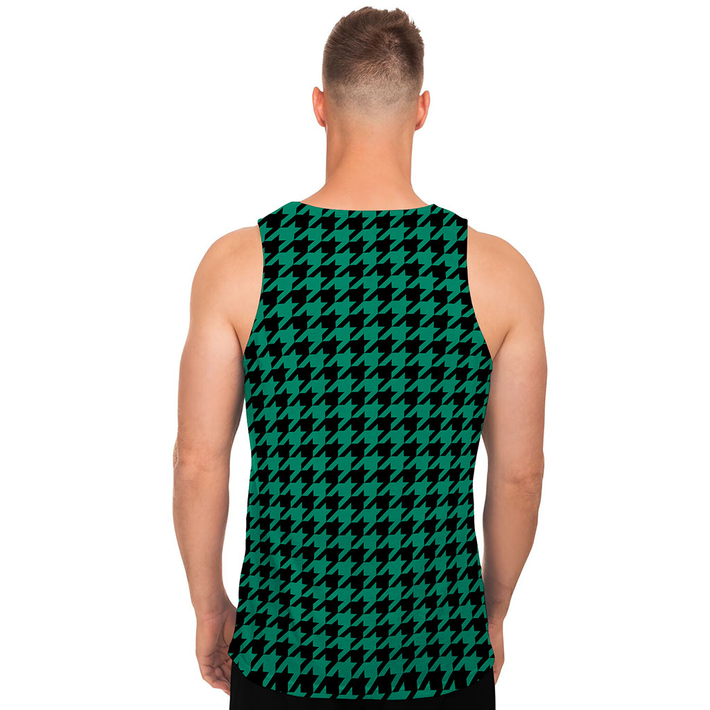 Jungle Green And Black Houndstooth Print Men's Tank Top