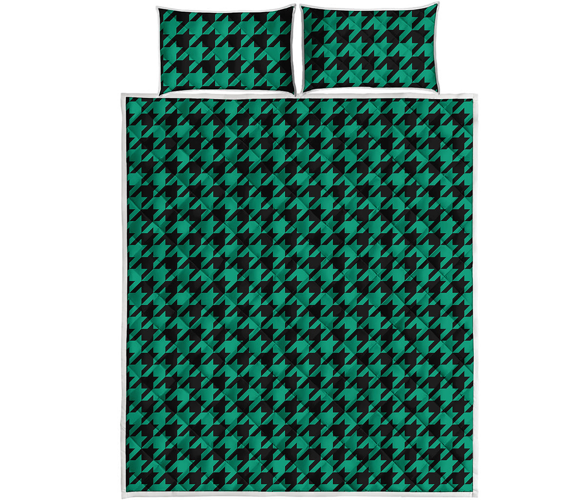 Jungle Green And Black Houndstooth Print Quilt Bed Set