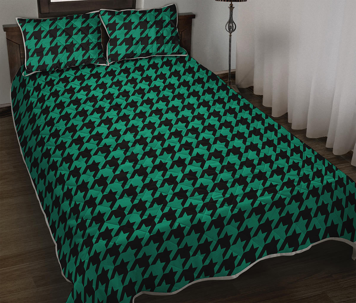 Jungle Green And Black Houndstooth Print Quilt Bed Set