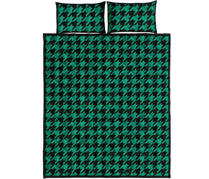 Jungle Green And Black Houndstooth Print Quilt Bed Set