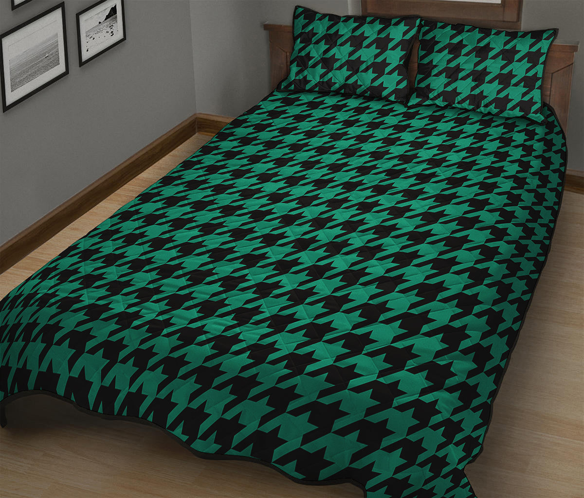 Jungle Green And Black Houndstooth Print Quilt Bed Set