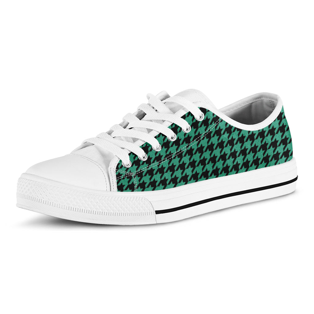 Jungle Green And Black Houndstooth Print White Low Top Shoes