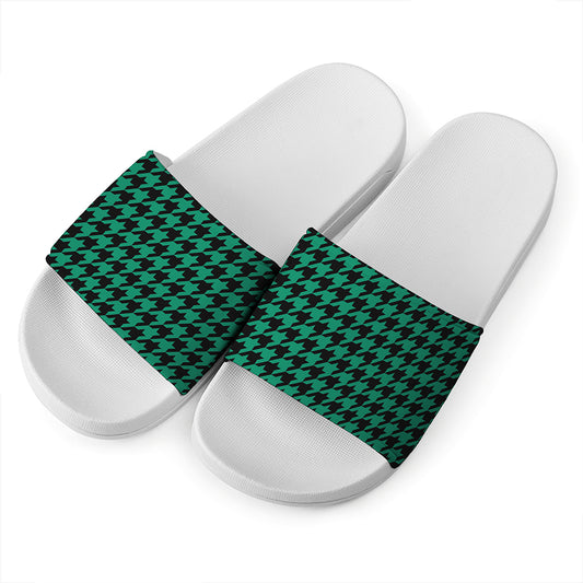 Jungle Green And Black Houndstooth Print White Slide Sandals