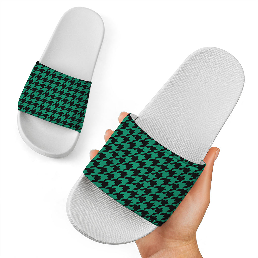 Jungle Green And Black Houndstooth Print White Slide Sandals