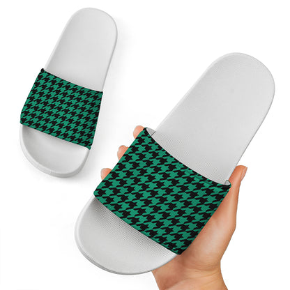 Jungle Green And Black Houndstooth Print White Slide Sandals