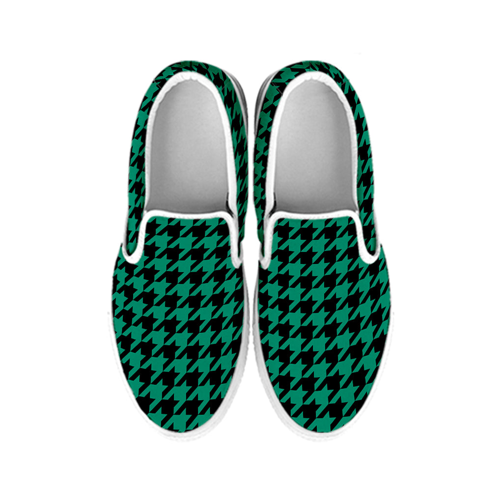 Jungle Green And Black Houndstooth Print White Slip On Shoes