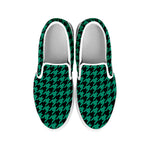 Jungle Green And Black Houndstooth Print White Slip On Shoes