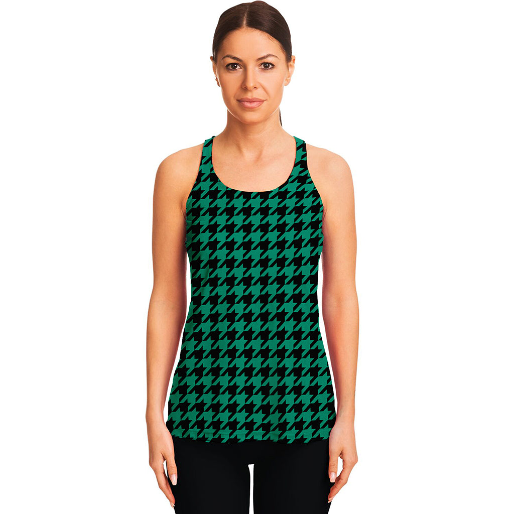 Jungle Green And Black Houndstooth Print Women's Racerback Tank Top