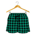 Jungle Green And Black Houndstooth Print Women's Shorts