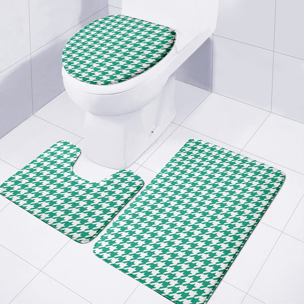 Jungle Green And White Houndstooth Print 3 Piece Bath Mat Set