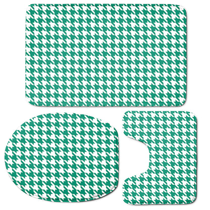 Jungle Green And White Houndstooth Print 3 Piece Bath Mat Set