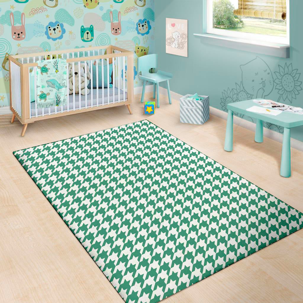 Jungle Green And White Houndstooth Print Area Rug