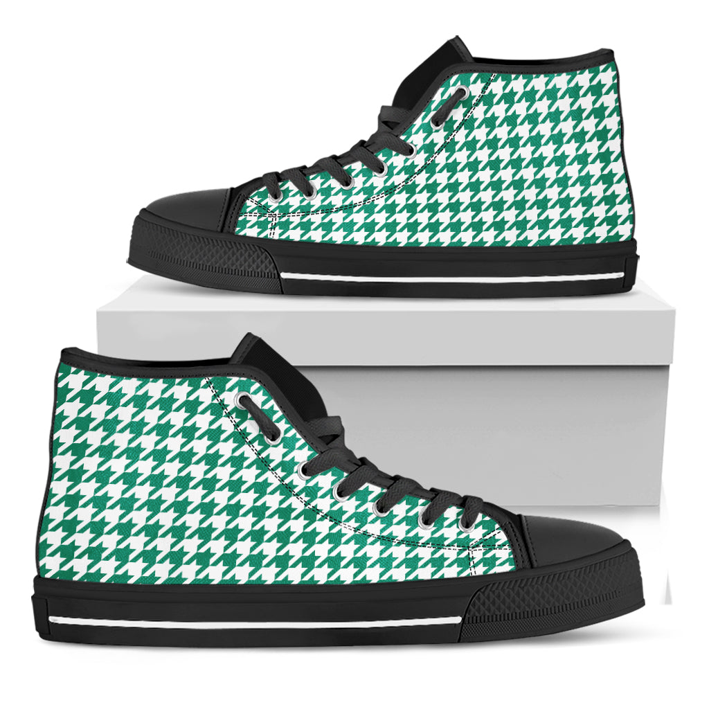 Jungle Green And White Houndstooth Print Black High Top Shoes