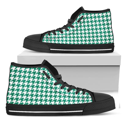 Jungle Green And White Houndstooth Print Black High Top Shoes