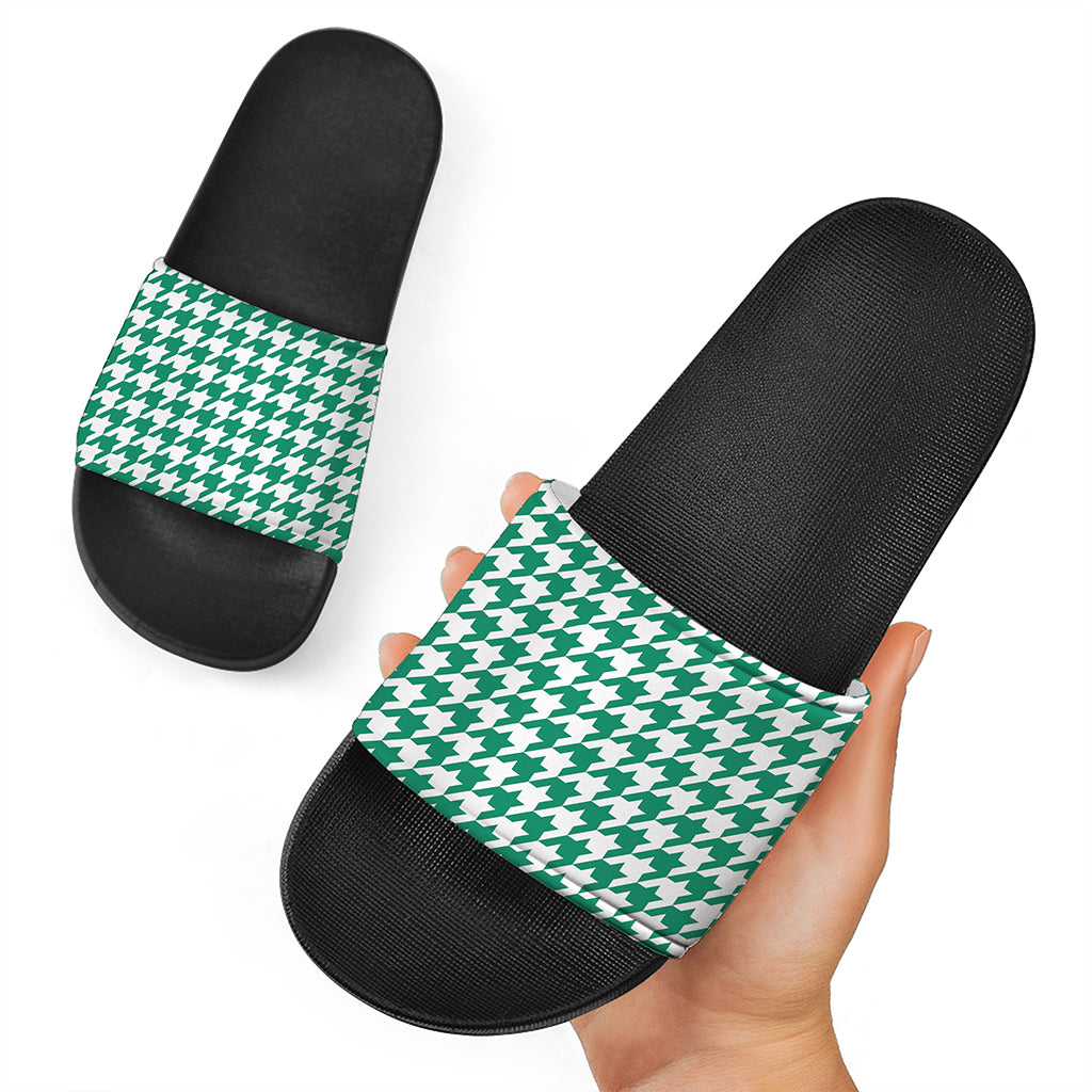 Jungle Green And White Houndstooth Print Black Slide Sandals