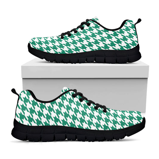 Jungle Green And White Houndstooth Print Black Sneakers