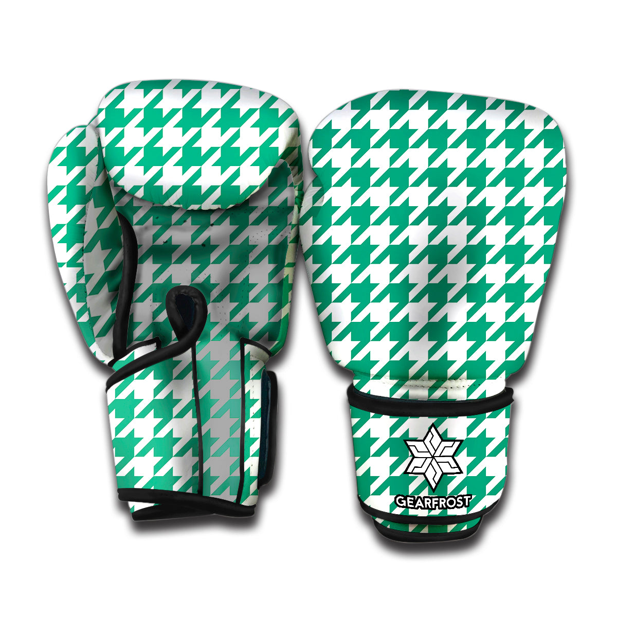 Jungle Green And White Houndstooth Print Boxing Gloves