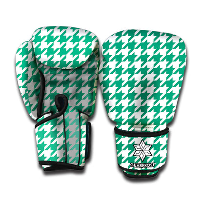 Jungle Green And White Houndstooth Print Boxing Gloves