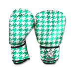 Jungle Green And White Houndstooth Print Boxing Gloves