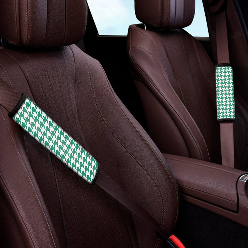 Jungle Green And White Houndstooth Print Car Seat Belt Covers