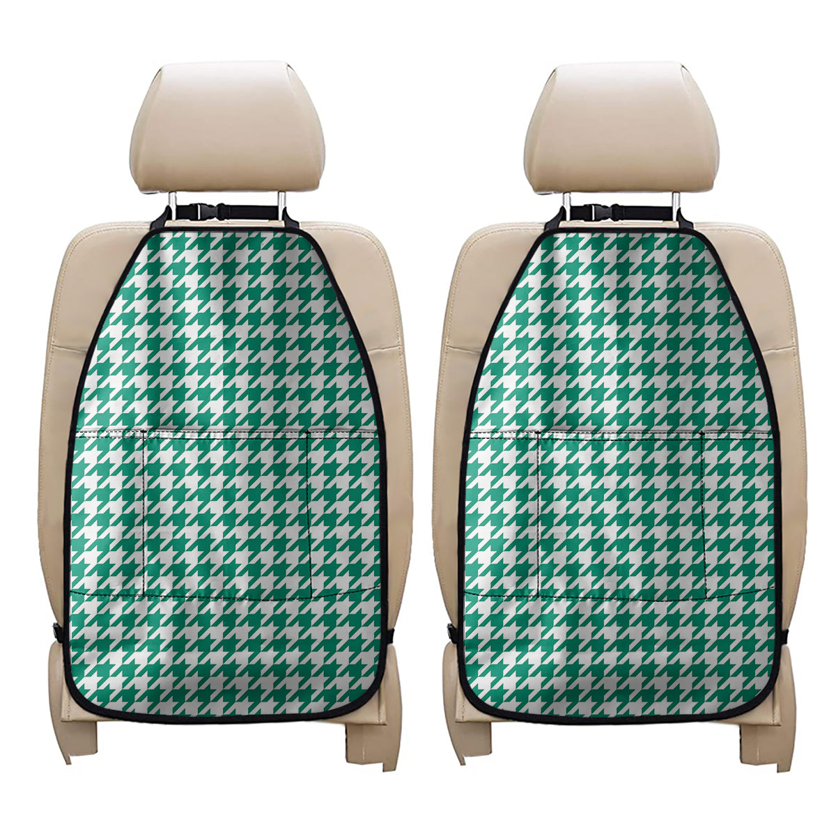 Jungle Green And White Houndstooth Print Car Seat Organizers