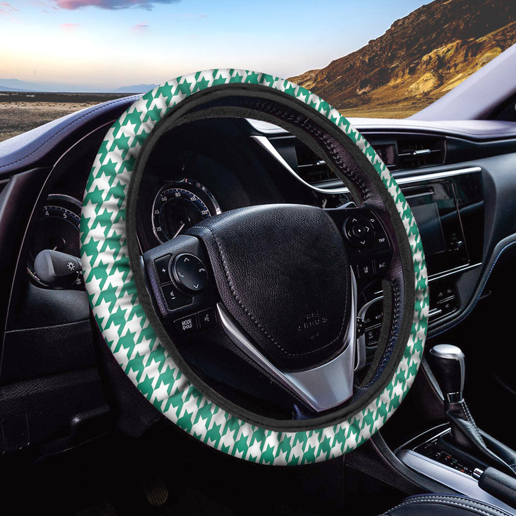 Jungle Green And White Houndstooth Print Car Steering Wheel Cover