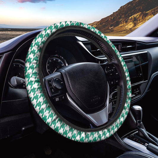 Jungle Green And White Houndstooth Print Car Steering Wheel Cover