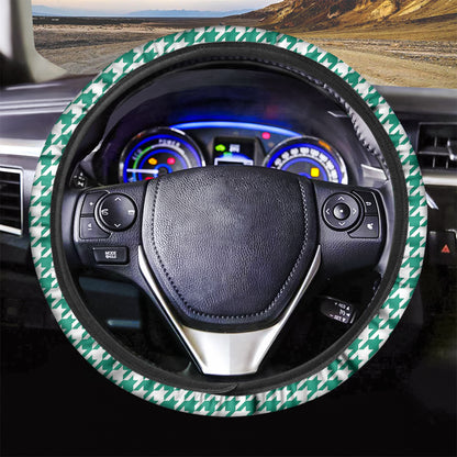 Jungle Green And White Houndstooth Print Car Steering Wheel Cover