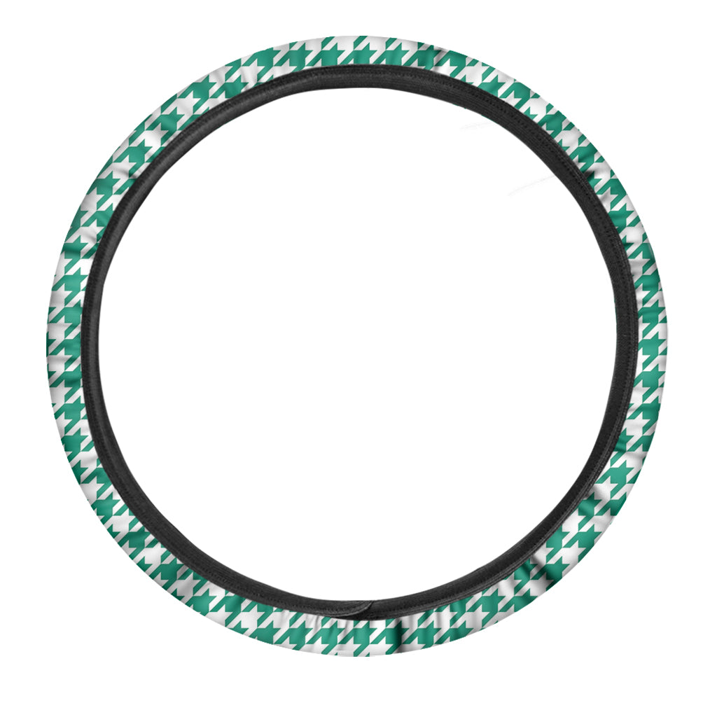 Jungle Green And White Houndstooth Print Car Steering Wheel Cover