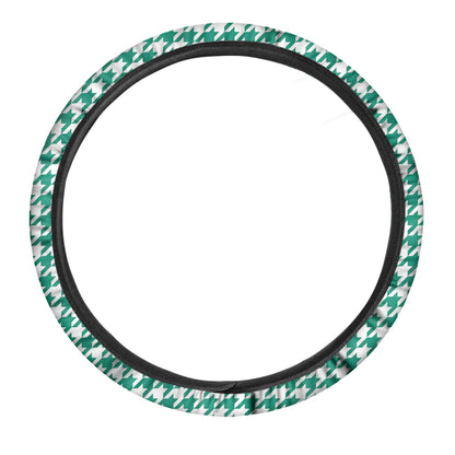 Jungle Green And White Houndstooth Print Car Steering Wheel Cover