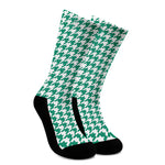Jungle Green And White Houndstooth Print Crew Socks